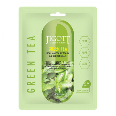 JIGOTT GREEN TEA REAL AMPOULE MASK Тканевая маска для лица с экстрактом зелёного чая 27мл