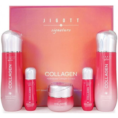 Jigott Signature Collagen Essential Skin Care 3Set Набор: Увлажняющий тонер для лица с коллагеном, Увлажняющая эмульсия для лица с коллагеном, Увлажняющий крем для лица с коллагеном  150мл+150мл+50мл+30мл+30мл